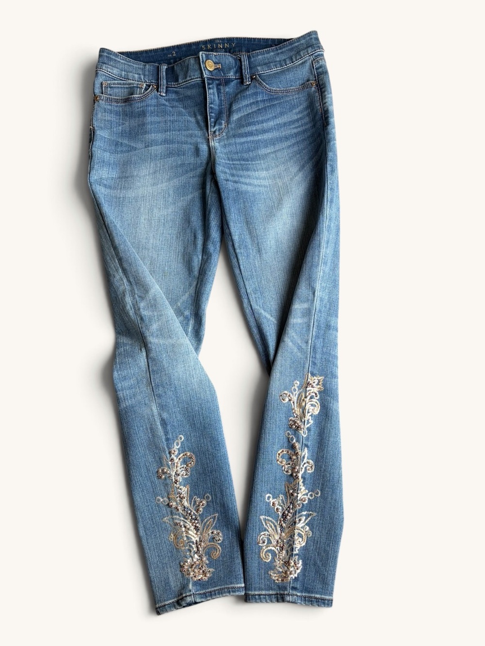 WHBM Light Blue Embroidered Beaded Adorned Skinny Ankle Jeans